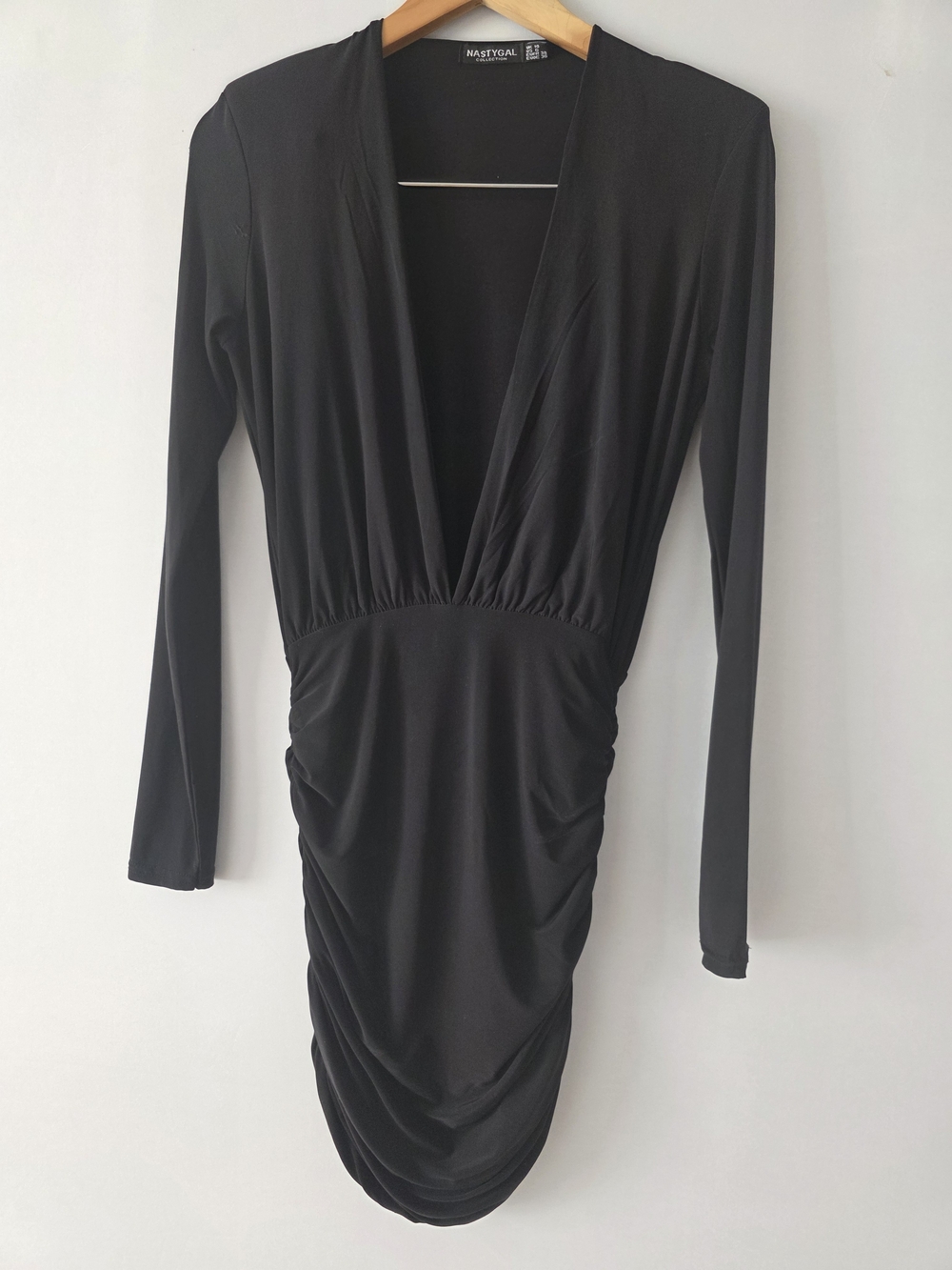 Nasty Gal Black Plunging Ruched Long Sleeve Bodycon Dress